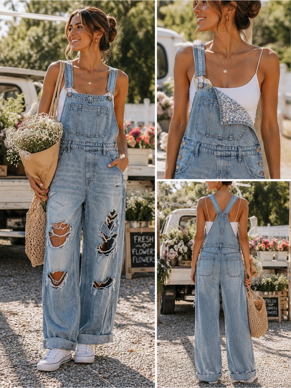 AE Distressed Wide Leg Light Blue Denim Overalls With Floral Bib - Size Small